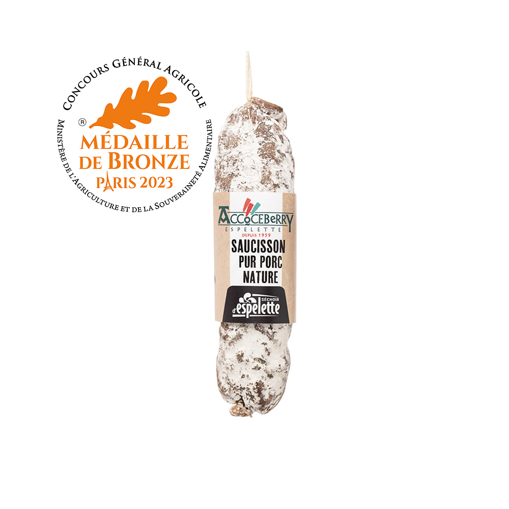 Saucisson Maison Accoceberry basque, fabriqué à Espelette médaille bronze